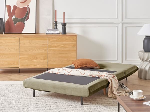 Sammenklappelig 1-personers sofa olivengrøn velour træben sofa med sovefunktion ekstra pude moderne design