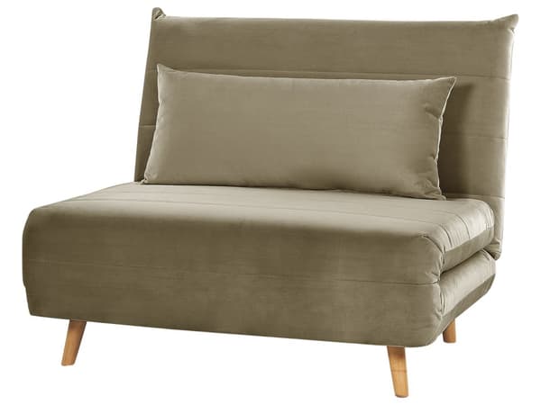Sammenklappelig 1-personers sofa olivengrøn velour træben sofa med sovefunktion ekstra pude moderne design
