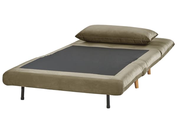 Sammenklappelig 1-personers sofa olivengrøn velour træben sofa med sovefunktion ekstra pude moderne design