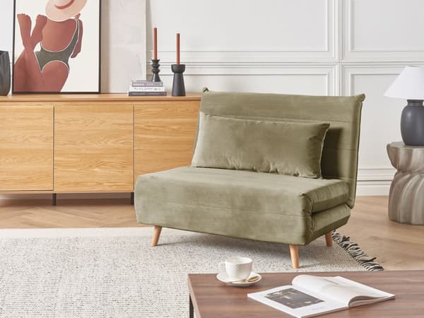 Sammenklappelig 1-personers sofa olivengrøn velour træben sofa med sovefunktion ekstra pude moderne design