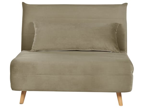 Sammenklappelig 1-personers sofa olivengrøn velour træben sofa med sovefunktion ekstra pude moderne design