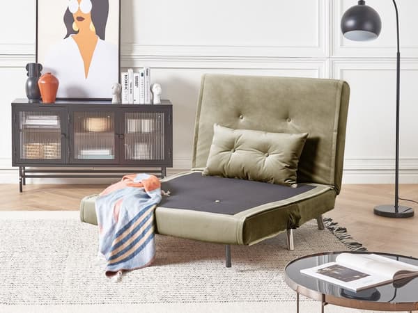 Sovesofa olivengrøn veloursofa til stuen med sovefunktion metal sølv ben pude moderne design