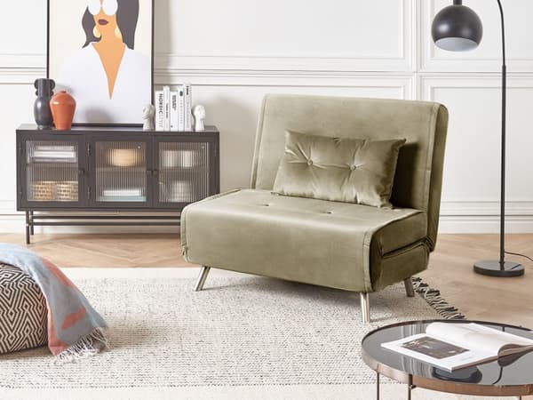 Sovesofa olivengrøn veloursofa til stuen med sovefunktion metal sølv ben pude moderne design