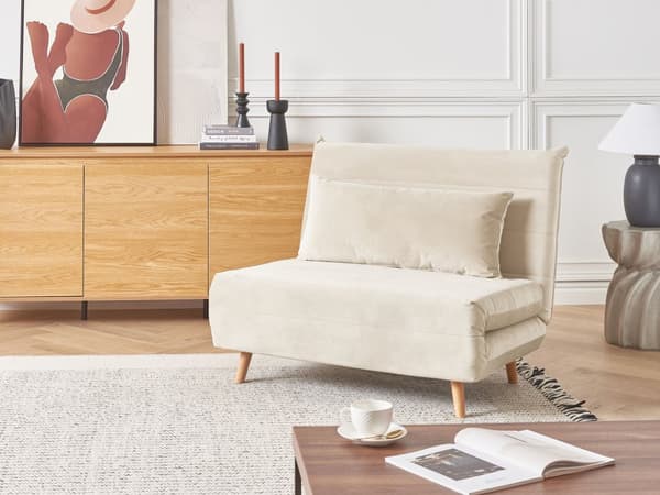 Sammenklappelig 1-personers sofa creme velour træben sofa med sovefunktion ekstra pude moderne design
