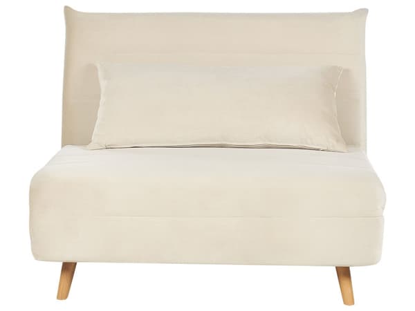 Sammenklappelig 1-personers sofa creme velour træben sofa med sovefunktion ekstra pude moderne design