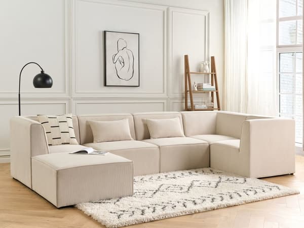 Kulmasohva vaalea beige viidelle vakosamettiverhoilu modulaarinen vasen rahi koristetyynyt minimalistinen
