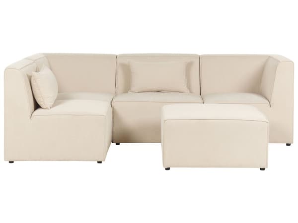 Kulmasohva vaalea beige neljälle vakosamettiverhoilu modulaarinen oikea rahi koristetyynyt minimalistinen