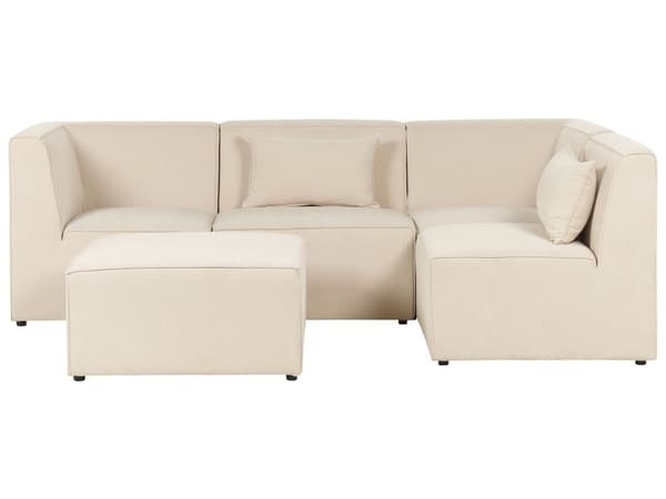 Kulmasohva vaalea beige neljälle vakosamettiverhoilu modulaarinen vasen rahi koristetyynyt minimalistinen