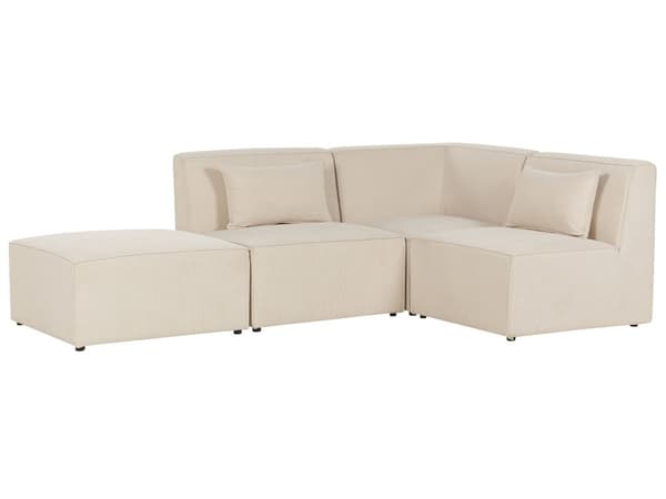 Kulmasohva vaalea beige kolmelle vakosamettiverhoilu modulaarinen vasen rahi koristetyynyt minimalistinen