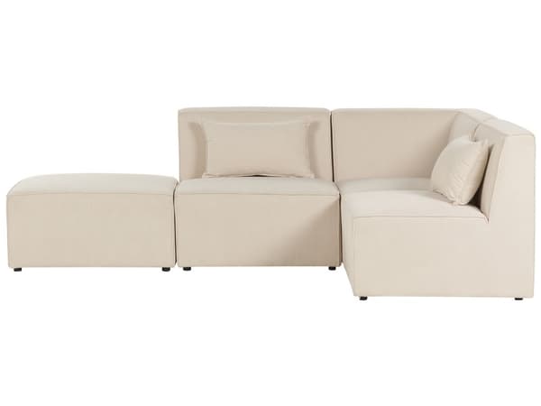 Kulmasohva vaalea beige kolmelle vakosamettiverhoilu modulaarinen vasen rahi koristetyynyt minimalistinen