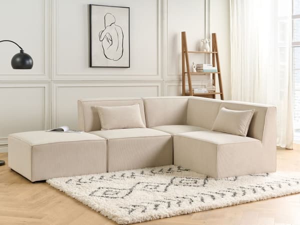 Kulmasohva vaalea beige kolmelle vakosamettiverhoilu modulaarinen vasen rahi koristetyynyt minimalistinen