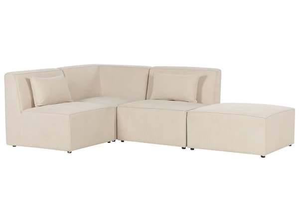 Kulmasohva vaalea beige kolmelle vakosamettiverhoilu modulaarinen oikea rahi koristetyynyt minimalistinen