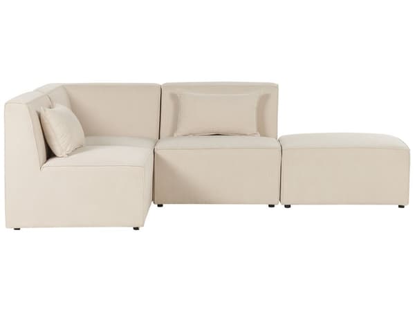 Kulmasohva vaalea beige kolmelle vakosamettiverhoilu modulaarinen oikea rahi koristetyynyt minimalistinen