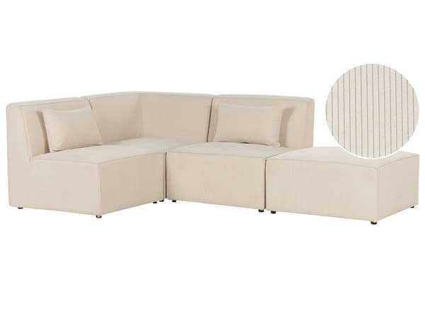 Kulmasohva vaalea beige kolmelle vakosamettiverhoilu modulaarinen oikea rahi koristetyynyt minimalistinen