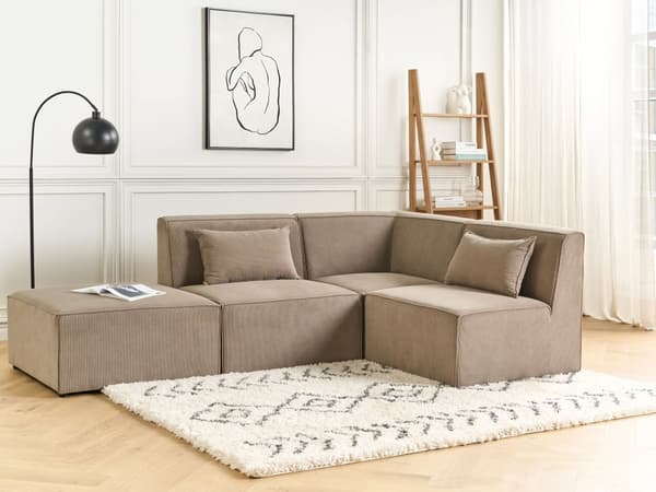 Modulsofa Taupe Fløjl 3 Personers Designer Klassisk Flyder L formet Sofa med Høj Ryg Stue Hjørnesofa med Fodskammel Høj Kvalitet Stofsofa
