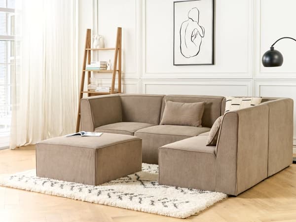 Modulsofa Taupe Fløjl 4 Personers Designer Klassisk Flyder L formet Sofa med Høj Ryg Stue Hjørnesofa med Fodskammel Høj Kvalitet Stofsofa