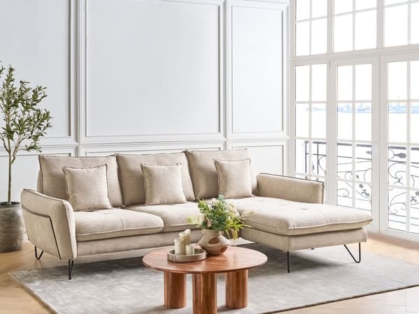 Justerbar hörnsoffa Beige Chenille klädsel tyg Metallben Kudde Ryggstöd Prydnadskuddar Modern design