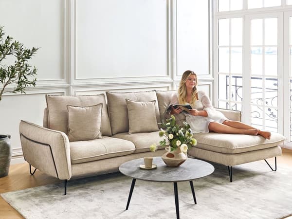 Justerbar hörnsoffa Beige Chenille klädsel tyg Metallben Kudde Ryggstöd Prydnadskuddar Modern design