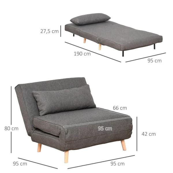 Rootz Single Sofa Bed - Sofa Bed - Folding Sofa - Adjustable Backrest Lounger - Gray - 95 x 95 x 80 cm