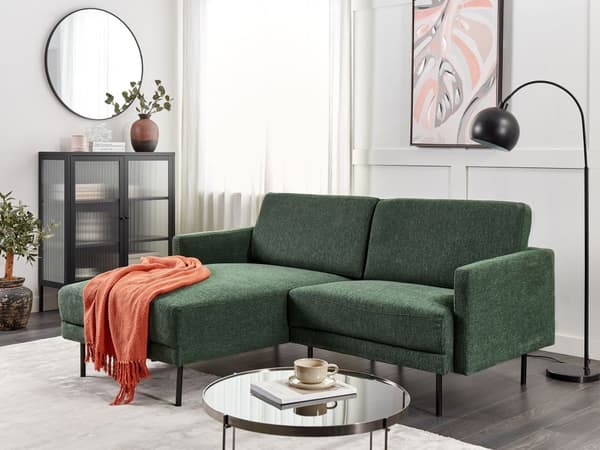 Hörnsoffa Polyester Mörkgrön 192 x 155 Soffa 2-sits stoppad Metallben Vävt tyg Kuddfodrad rygg Minimalistisk Modern