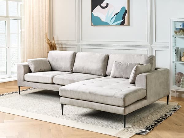 Hjørnesofa med Chaiselong Grå Velour 3 Personers Sofa L Formet Dyb Sofahjørne Siddemøbel Blød Stofsofa Venstrevendt
