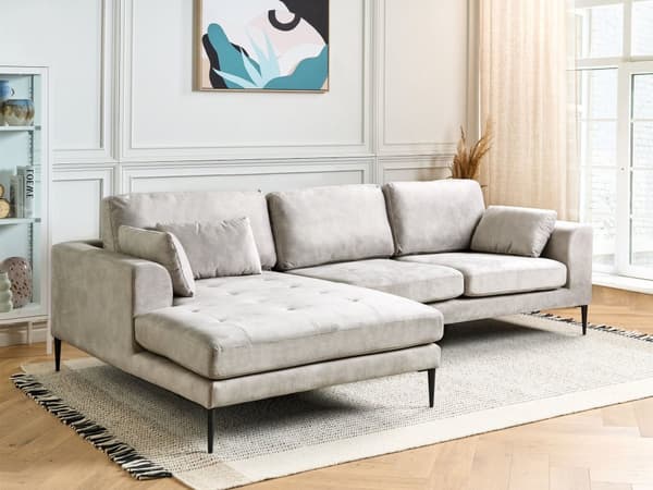 Hjørnesofa med Chaiselong Grå Velour 3 Personers Sofa L Formet Dyb Sofahjørne Siddemøbel Blød Stofsofa Højrevendt