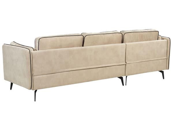 Kulmasohva beige kolmelle samettiverhoilu metallijalat oikea koristetyynyt moderni