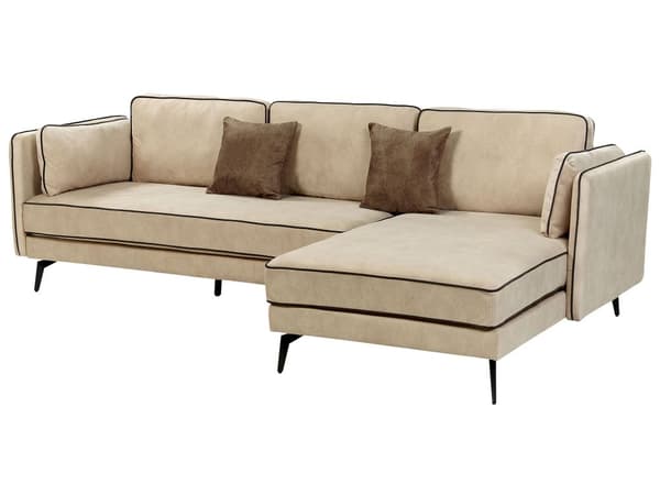 Hjørnesofa med Chaiselong Beige Velour 3 Personers Sofa L Formet Dyb Sofahjørne Siddemøbel Blød Stofsofa Venstrevendt