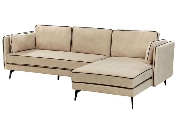 Hjørnesofa med Chaiselong Beige Velour 3 Personers Sofa L Formet Dyb Sofahjørne Siddemøbel Blød Stofsofa Venstrevendt