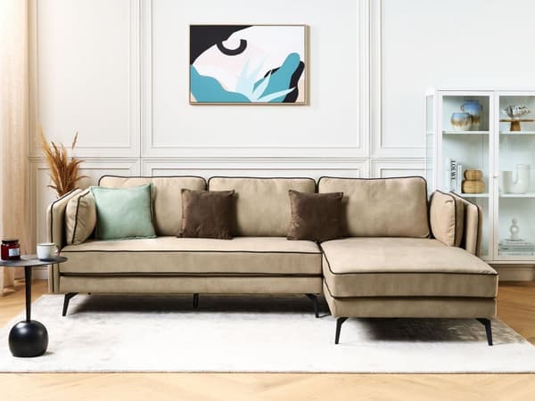 Hjørnesofa med Chaiselong Beige Velour 3 Personers Sofa L Formet Dyb Sofahjørne Siddemøbel Blød Stofsofa Venstrevendt