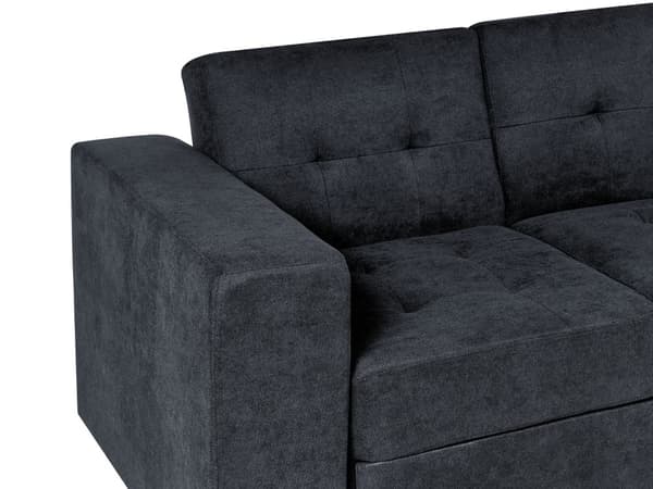 Sovesofa Sort Polyester 3 Personers Hjørnesofa med Opbevaring Skuffer Kopholder Ottoman Fodskammel Quiltet Tuftet Moderne Multifunktionel