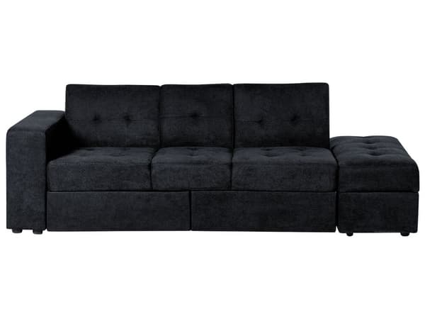 Sovesofa Sort Polyester 3 Personers Hjørnesofa med Opbevaring Skuffer Kopholder Ottoman Fodskammel Quiltet Tuftet Moderne Multifunktionel