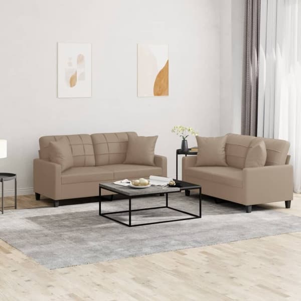 vidaXL Soffgrupp med kuddar 2 delar cappuccino konstläder
