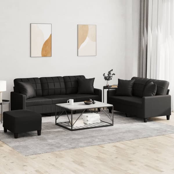 vidaXL sofasæt 3 dele med puder kunstlæder sort