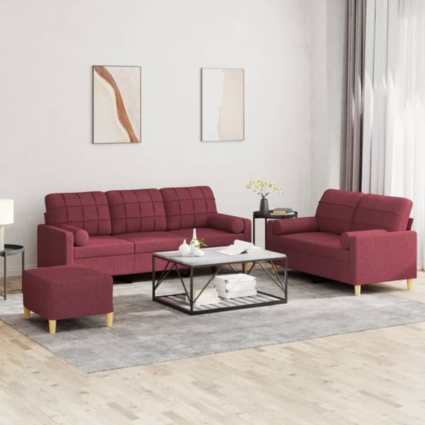 vidaXL sofasæt 3 dele med puder stof vinrød