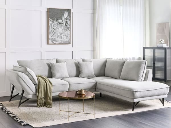 Hörnsoffa Ljusgrå linnetyg Klädsel Metallben Vänster 3-sits soffa Spridd rygg Kuddar Moderna