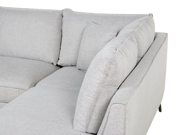 Hörnsoffa Ljusgrå linnetyg Klädsel Metallben Vänster 3-sits soffa Spridd rygg Kuddar Moderna