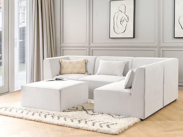 Modulær 4-seters venstrehjørnesofa i offwhite kordfløyel med fotskammel seksjonssofa Moderne design