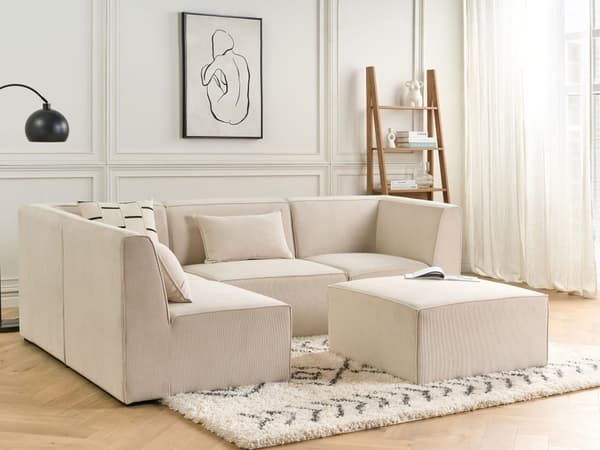 Modulær 4-seters høyre hjørnesofa beige kordfløyel med fotskammel seksjonssofa Moderne design