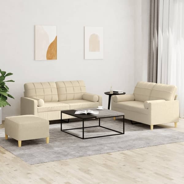 vidaXL sofasæt 3 dele med puder stof cremefarvet