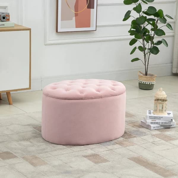 Rootz Bänk - Klädd bänk med förvaringsutrymme - Bröstbänk - Oval form - Hall - Sovrum - Vardagsrum - Sammetslen - Polyester - Rosa - 71 x 52 x 42 cm