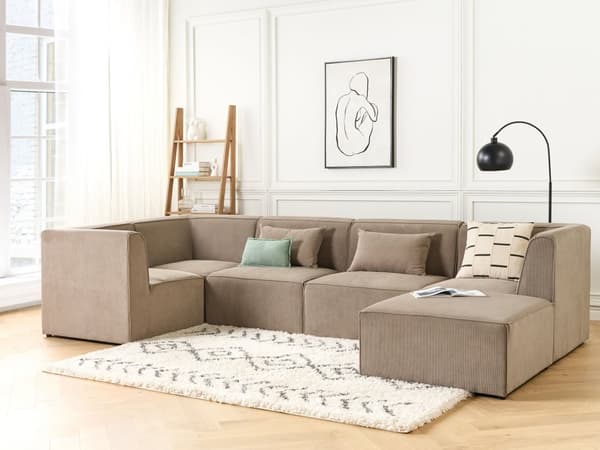 Modulær 5-seters høyrevendt hjørnesofa taupe kordfløyel med fotskammel seksjonssofa moderne design