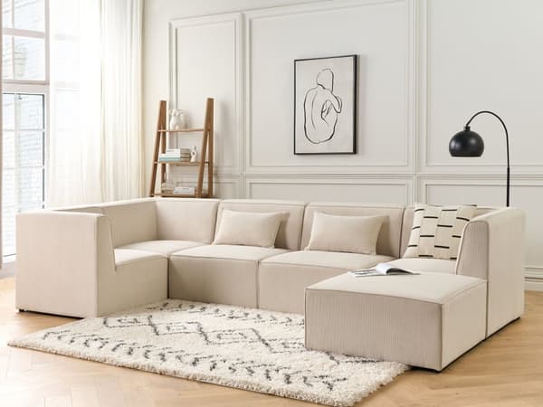 Modulær 4-seters høyrevendt hjørnesofa beige kordfløyel med fotskammel seksjonssofa Moderne design