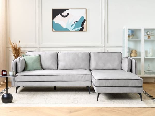 Hjørnesofa Lysegrå Fløyel Metallben Venstrevendt 3-seter Ryggputer Pynteputer Moderne design Stue