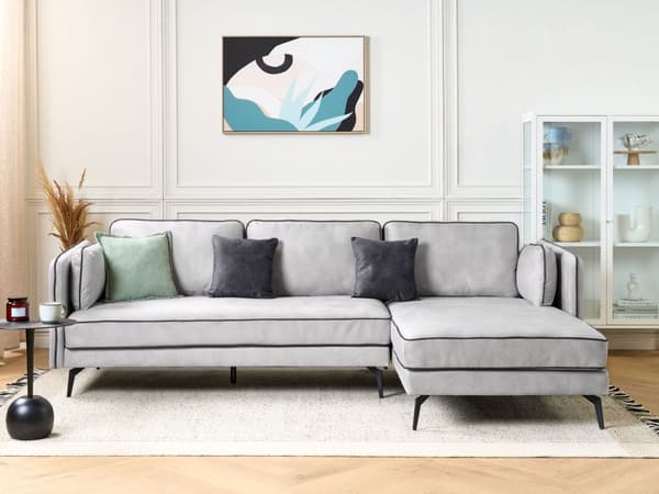 Hjørnesofa Lysegrå Fløyel Metallben Venstrevendt 3-seter Ryggputer Pynteputer Moderne design Stue