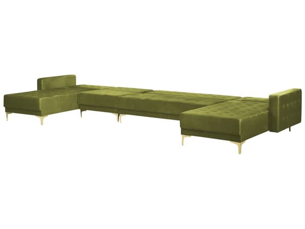 Hörnsoffa Bädd Grön sammet Tuftad Tyg Modern U-formad Modulär 6 Sittplatser Schäslong Lounger