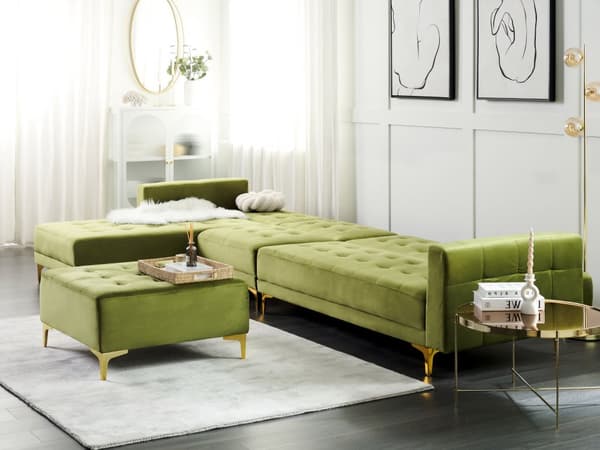 Hörnsoffa Bädd Grön Sammet Tuftad Tyg Modern L-formad Modulär 5 Sits med Ottoman Höger Hand Schäslong