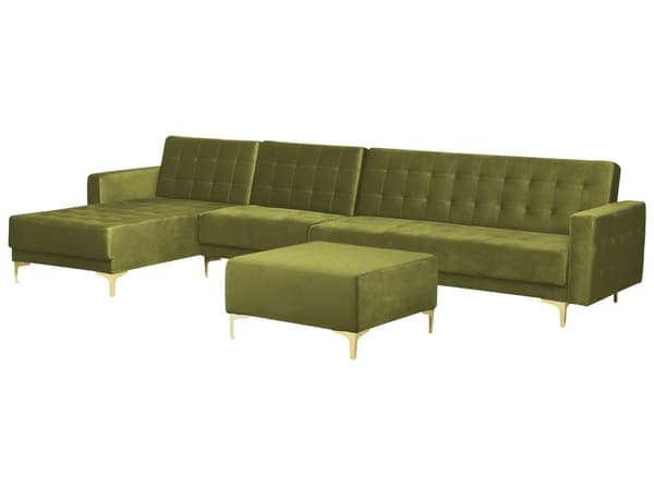 Hörnsoffa Bädd Grön Sammet Tuftad Tyg Modern L-formad Modulär 5 Sits med Ottoman Höger Hand Schäslong