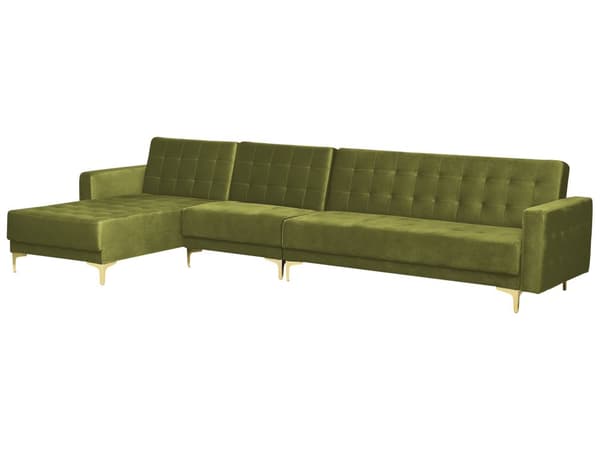 Hörnsoffa Bädd Grön Sammet Tuftad Tyg Modern L-formad Modulär 5 Sits med Ottoman Höger Hand Schäslong