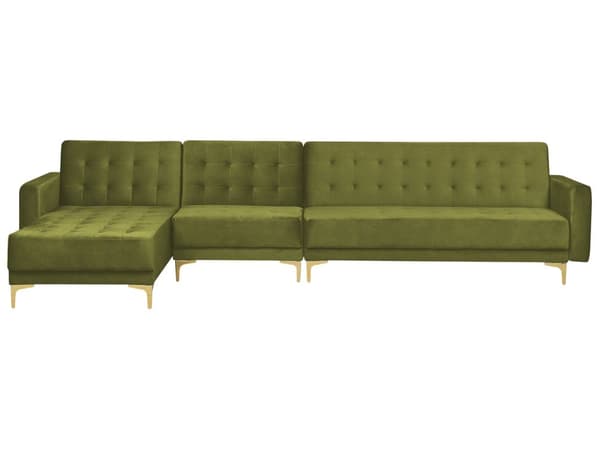 Hörnsoffa Bädd Grön Sammet Tuftad Tyg Modern L-formad Modulär 5 Sits med Ottoman Höger Hand Schäslong